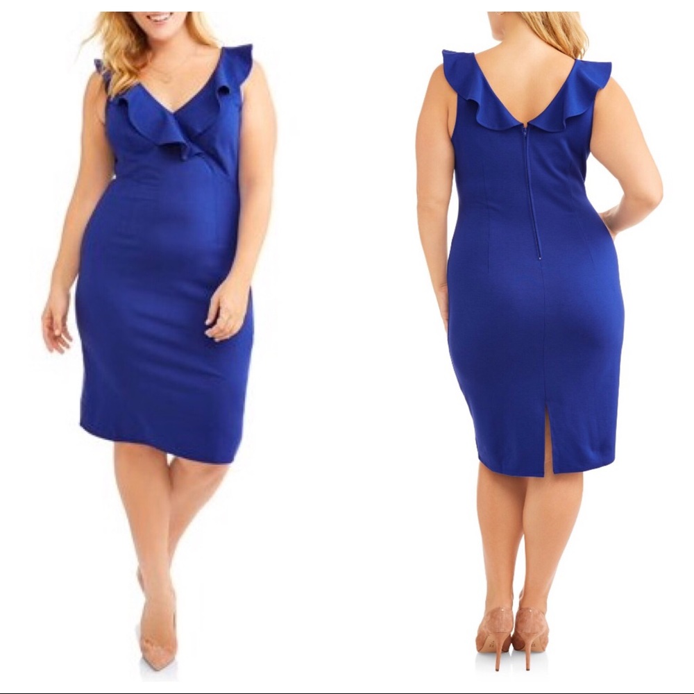 Women’s Love Squared Blue Ruffled V Neck Dress 1X